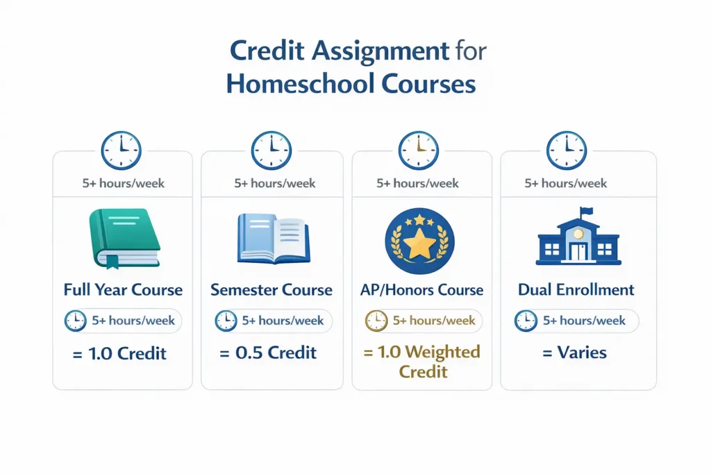 Free Homeschool Transcript Template 2026 (Printable PDF + AI Generator Guide) 5 Visual chart explaining homeschool credit assignment: full year course equals 1.0 credit, semester course equals 0.5 credit, AP honors courses weighted at 1.0 plus, and dual enrollment credit conversion guide