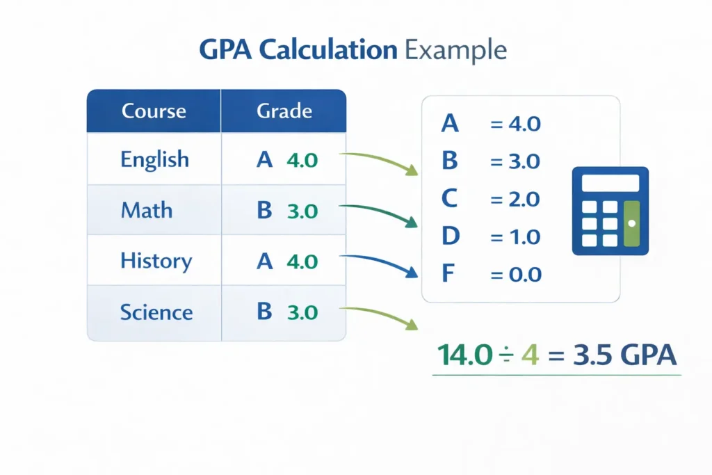 Free Homeschool Transcript Template 2026 (Printable PDF + AI Generator Guide) 6 GPA calculation example showing how to calculate homeschool GPA: English A (4.0) plus Math B (3.0) plus History A (4.0) plus Science B (3.0) equals 14.0 divided by 4 credits equals 3.5 cumulative GPA with grading scale reference
