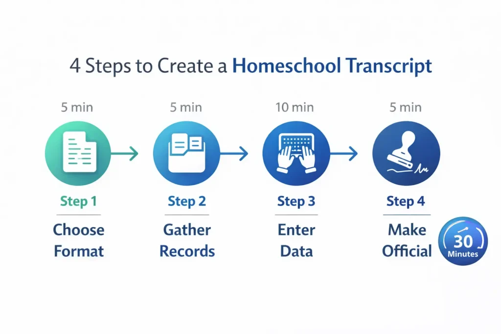 Free Homeschool Transcript Template 2026 (Printable PDF + AI Generator Guide) 4 Step-by-step timeline showing how to create homeschool transcript in 30 minutes: choose format (5 min), gather records (5 min), enter data (10 min), make official (5 min) with visual icons for each step