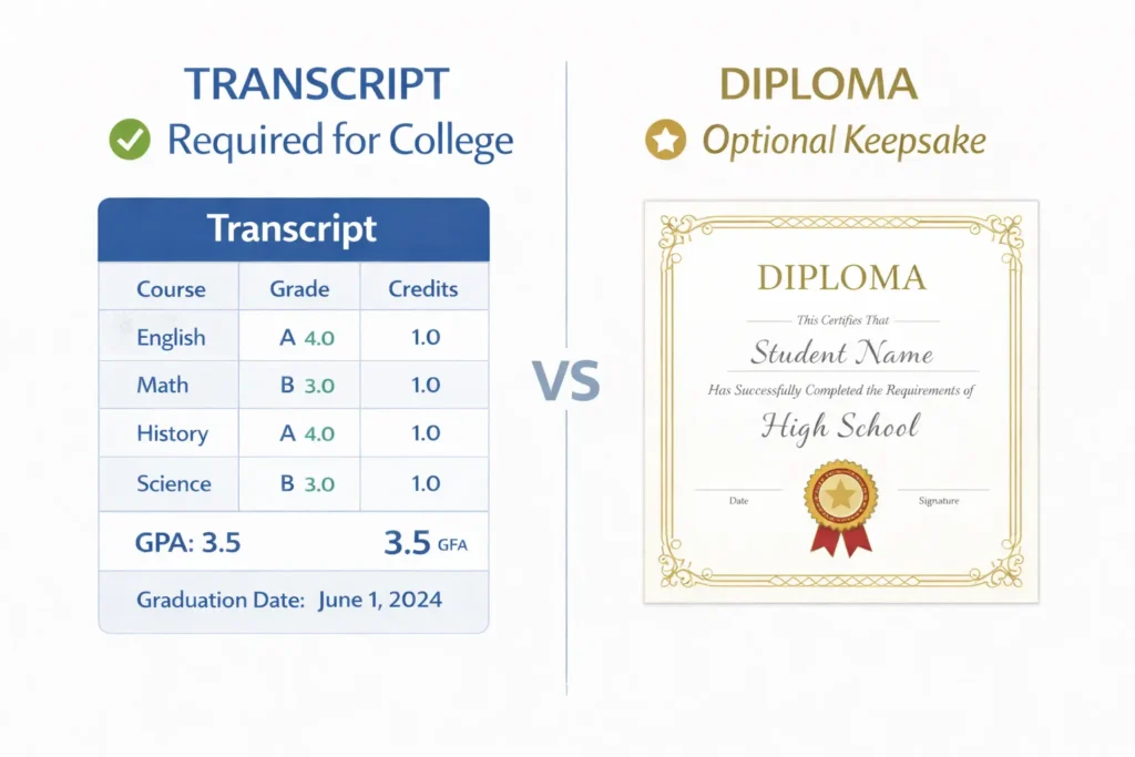 Free Homeschool Transcript Template 2026 (Printable PDF + AI Generator Guide) 7 Visual comparison between homeschool transcript (required for college admissions with courses, grades, GPA) and diploma (optional ceremonial keepsake with decorative design) showing key differences