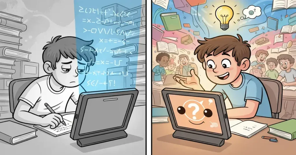 Stop Using AI Homework Helpers for Kids Until You Read This 3 A split screen showing a student copying answers versus a student thinking and learning with an AI homework assistant for students
