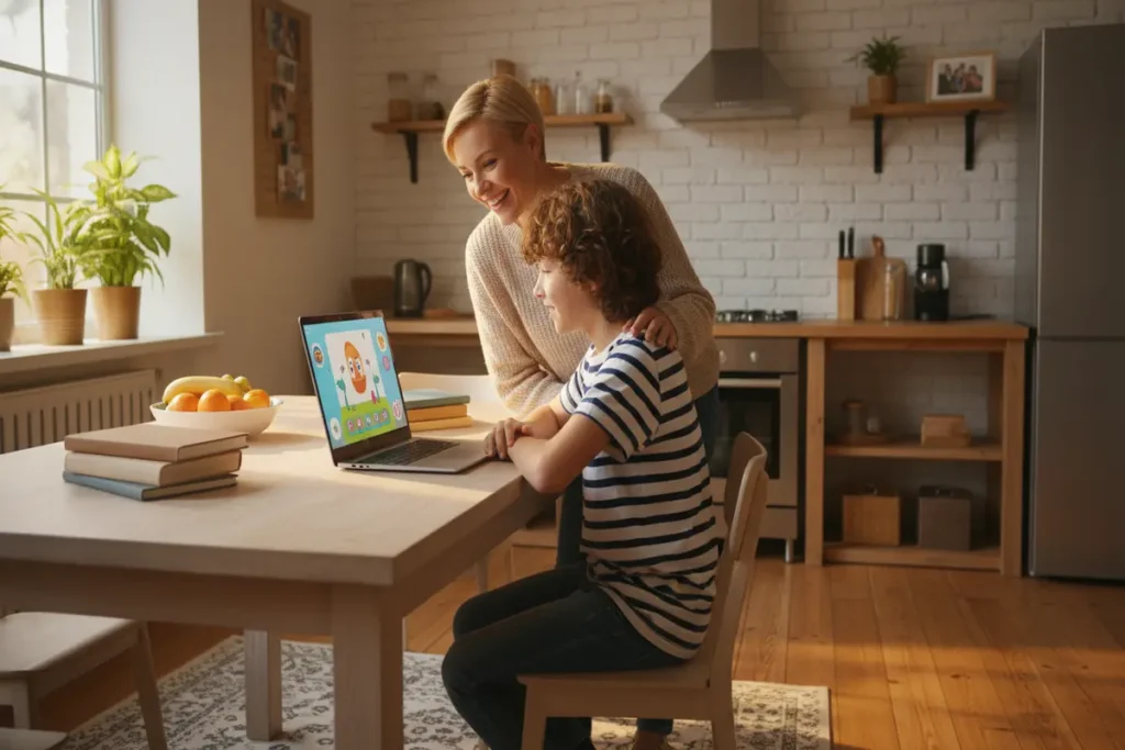 Stop Using AI Homework Helpers for Kids Until You Read This 1 A parent and child looking at a laptop together discussing an AI homework helper for kids