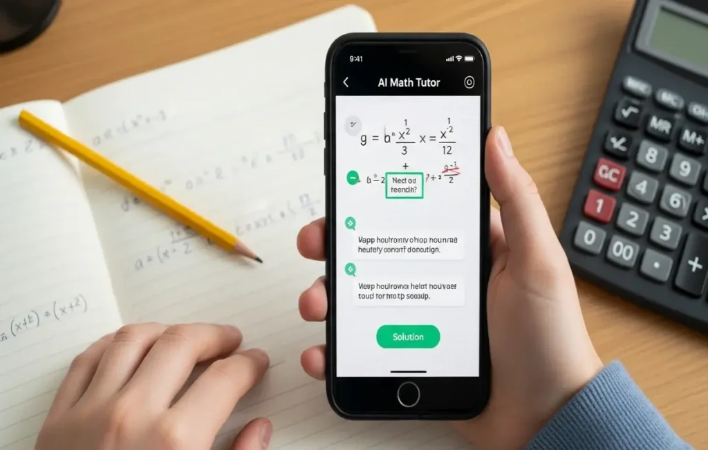 A smartphone camera scanning a math equation from a notebook with the AI math tutor providing step-by-step instructions for a middle schooler.