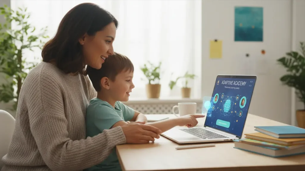 Parent and child using Best AI tools for homeschooling USA on a laptop.