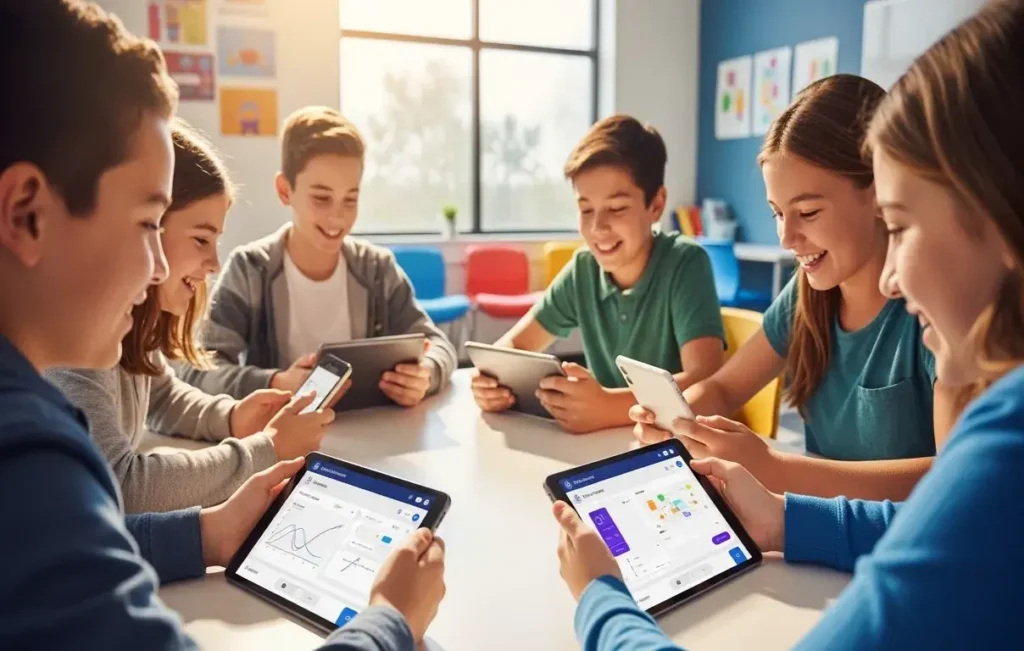 Middle school students using an AI math tutor app to solve algebra problems on tablets in a modern classroom.