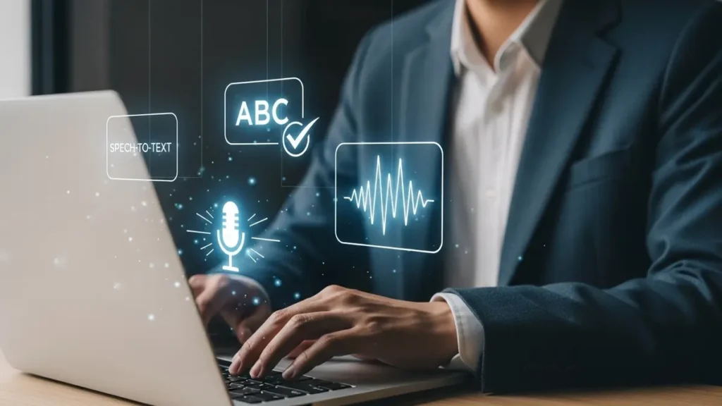 A person using a laptop with AI assistive technology software icons for dyslexia support floating around the screen.