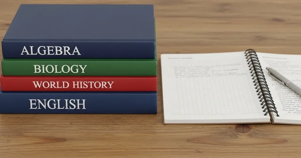 Understanding the High School Curriculum: A Basic Guide 2 A stack of high school curriculum textbooks including Algebra, Biology, History, and English Literature on a student's desk.
