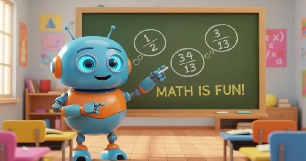 Stop Using AI Homework Helpers for Kids Until You Read This 2 A friendly cartoon robot acting as an AI homework helper for kids, pointing to a chalkboard