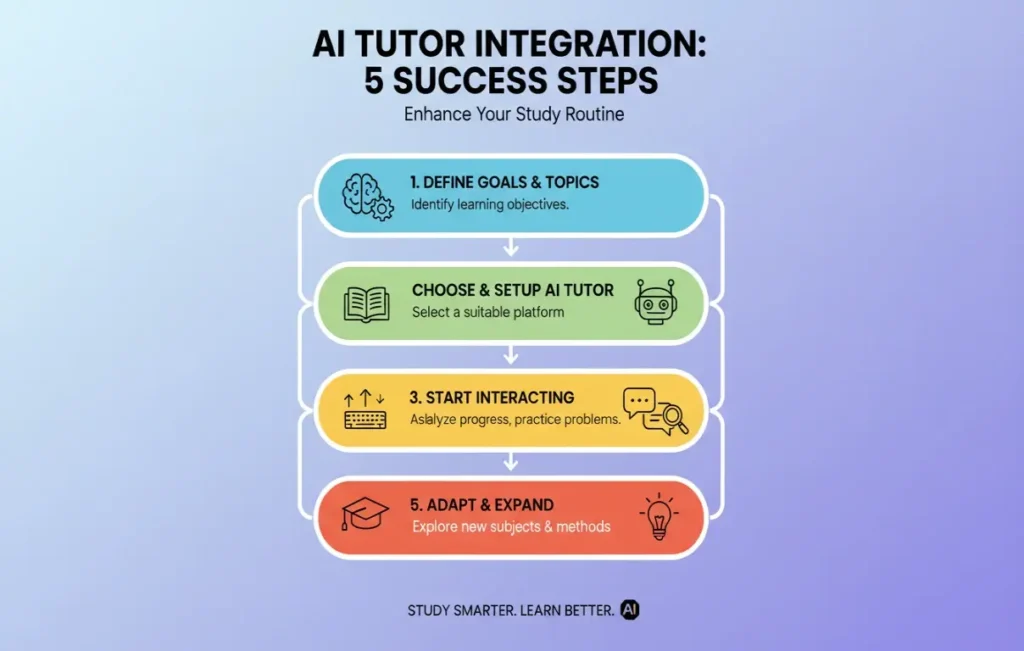 Infographic detailing 5 steps for parents to integrate AI math tutoring into their child's study routine: Download, Supervise, Schedule, Review, and Follow-up.
