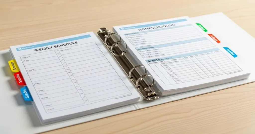 A completed homeschooling binder using a homeschool planners free printable set and colorful tab dividers.