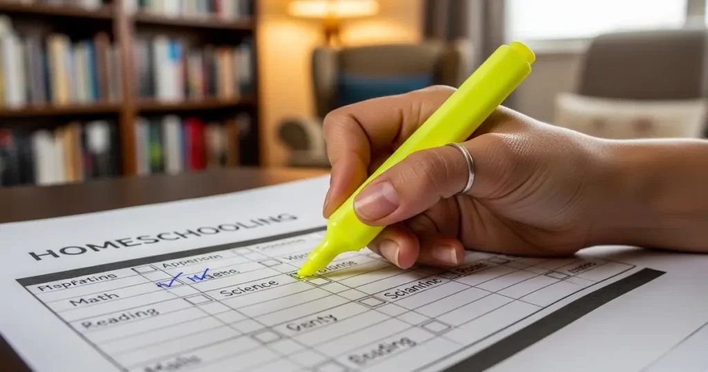 A close-up of a parent planning lessons on a homeschool planners free printable weekly grid with a highlighter.