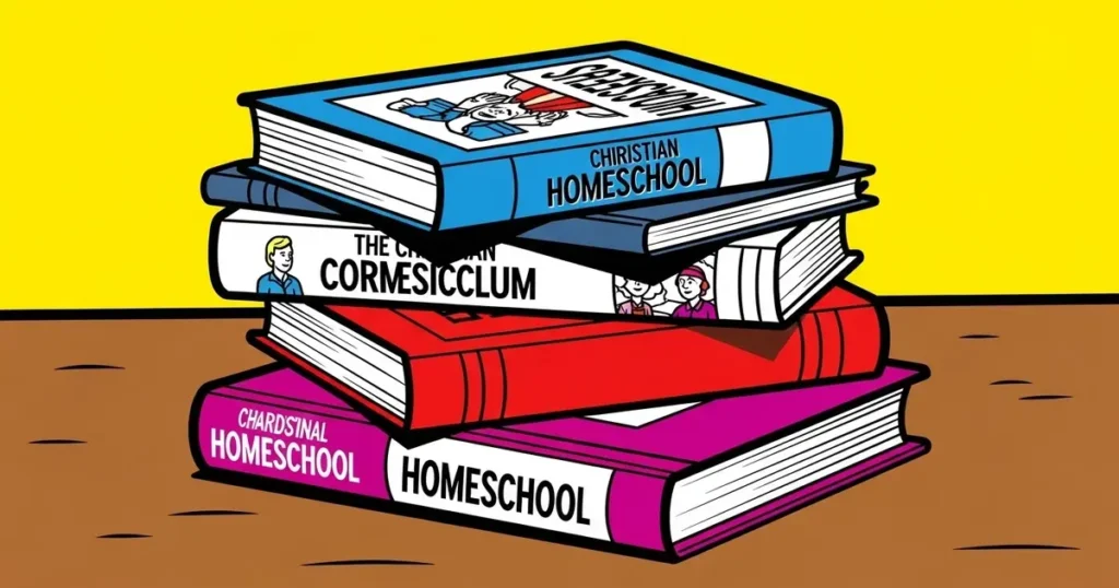 Stack of traditional christian homeschool curriculum books on a wooden desk