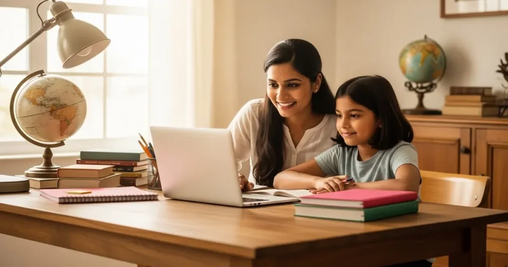 A parent and child learning together at a wooden desk, using AI tools for homeschooling on a laptop, with a modern AI-powered interface displayed on the screen, warm natural lighting, focused and collaborative atmosphere, educational and nurturing environment.