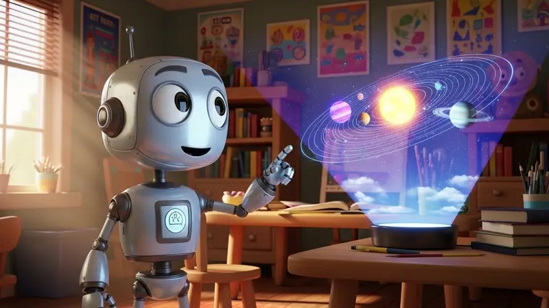 Unlocking STEM: Why the Best AI Science Tutor for Homeschool Kids is a Game Changer 3 Friendly robot teaching solar system with hologram planets