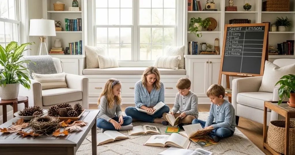 American homeschool mother reading living books with elementary age children in cozy home library corner with nature table, short lessons schedule, and Charlotte Mason homeschool curriculum materials