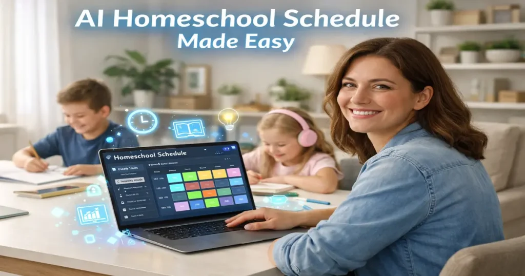 Parent using AI to create a homeschool schedule while kids study at home