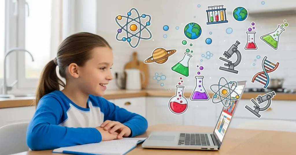 Unlocking STEM: Why the Best AI Science Tutor for Homeschool Kids is a Game Changer 1 A smiling child uses an best AI science tutor for homeschool tool on a laptop, surrounded by colorful science icons.