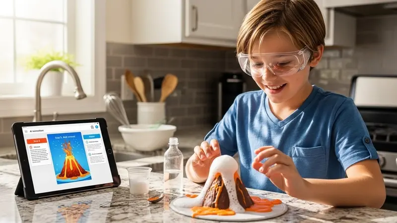 Unlocking STEM: Why the Best AI Science Tutor for Homeschool Kids is a Game Changer 4 Child doing baking soda volcano experiment with tablet instructions