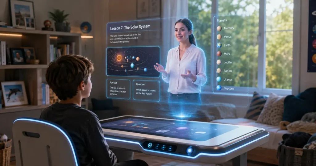 AI homeschooling future with hologram teacher and smart desk