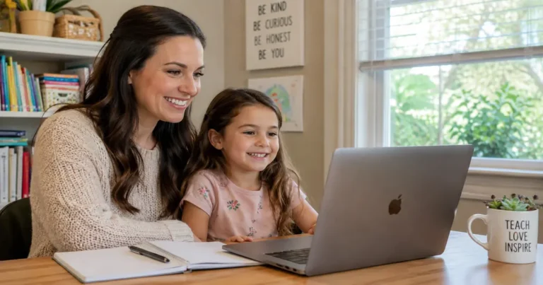 Time4Learning Pricing 2026: Monthly Cost, Plans, Pros & Cons (Parent Guide) Time4Learning pricing 2026 — homeschool mom and child reviewing curriculum on laptop