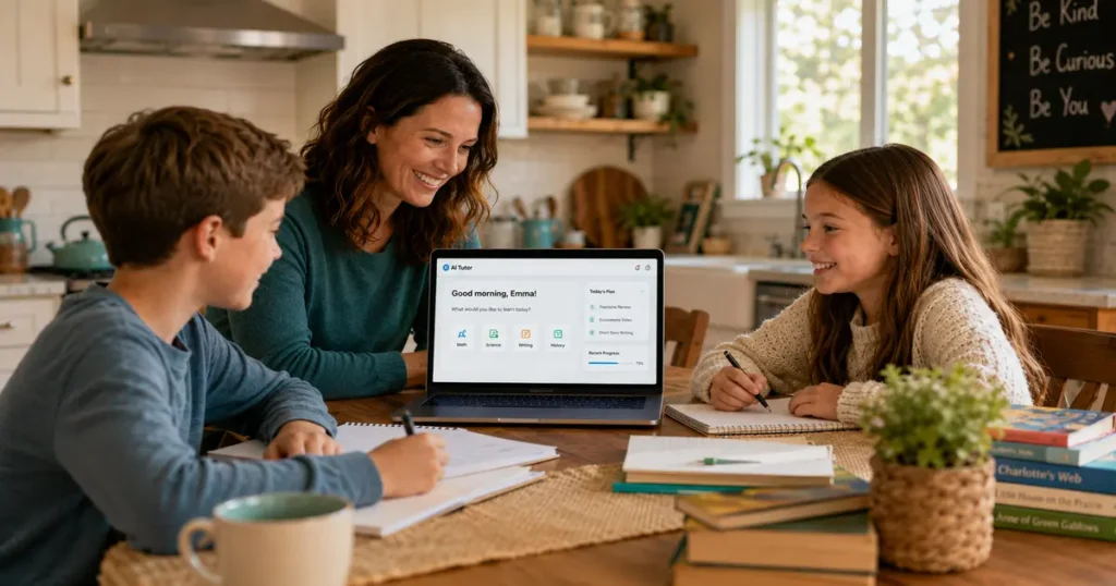 10 Best AI Tools for Homeschool Parents in 2026 (Save 10+ Hours Weekly) AI tools for homeschool parents - mother and children learning at kitchen table