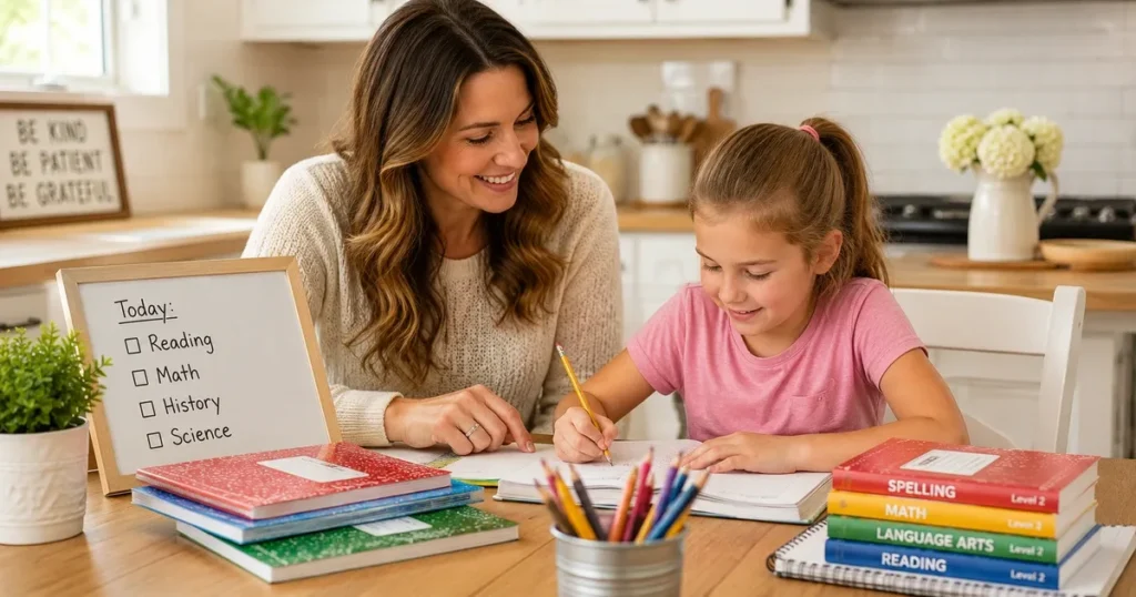 Best homeschool supplies for beginners on a budget — mom and child at kitchen table with whiteboard and notebooks