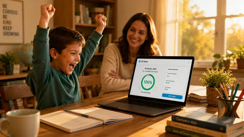 10 Best AI Tools for Homeschool Parents in 2026 (Save 10+ Hours Weekly) AI tools for homeschool parents success - child celebrating with AI tutoring